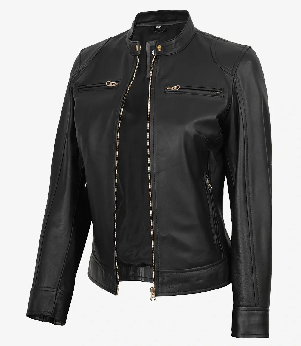 Womens Black Real Leather Biker Style Jacket - Golden Details