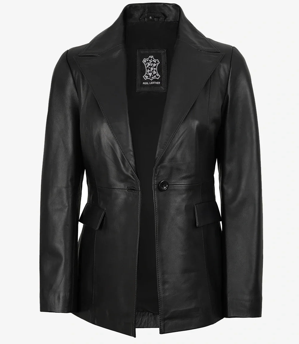 Womens Peak Lapel Black Leather Blazer - Single Button Closure