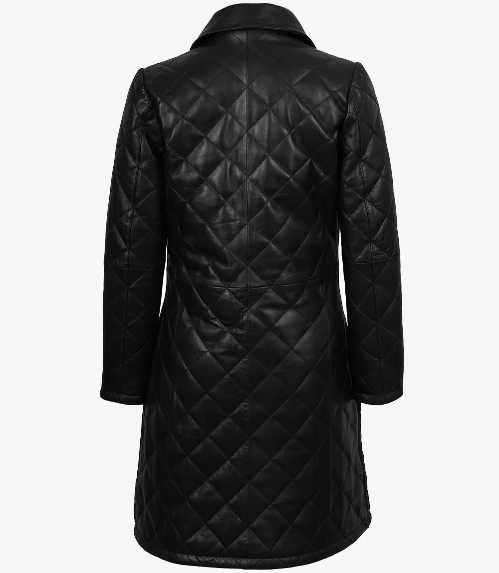 Glen Womens Real Leather Black Quilted Car Coat with Brown Detailing