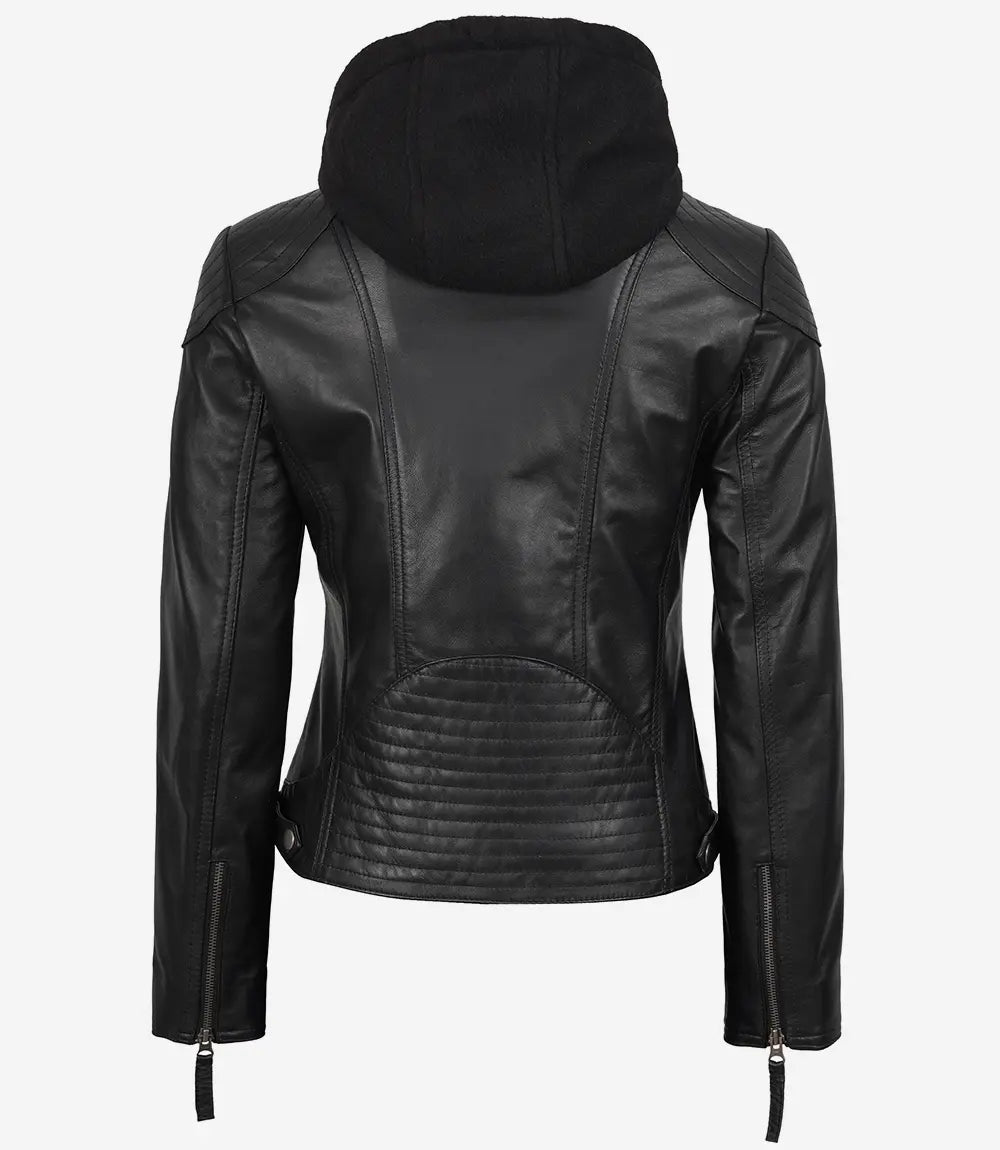 Tonja Womens Real Leather Black Jacket With Hood