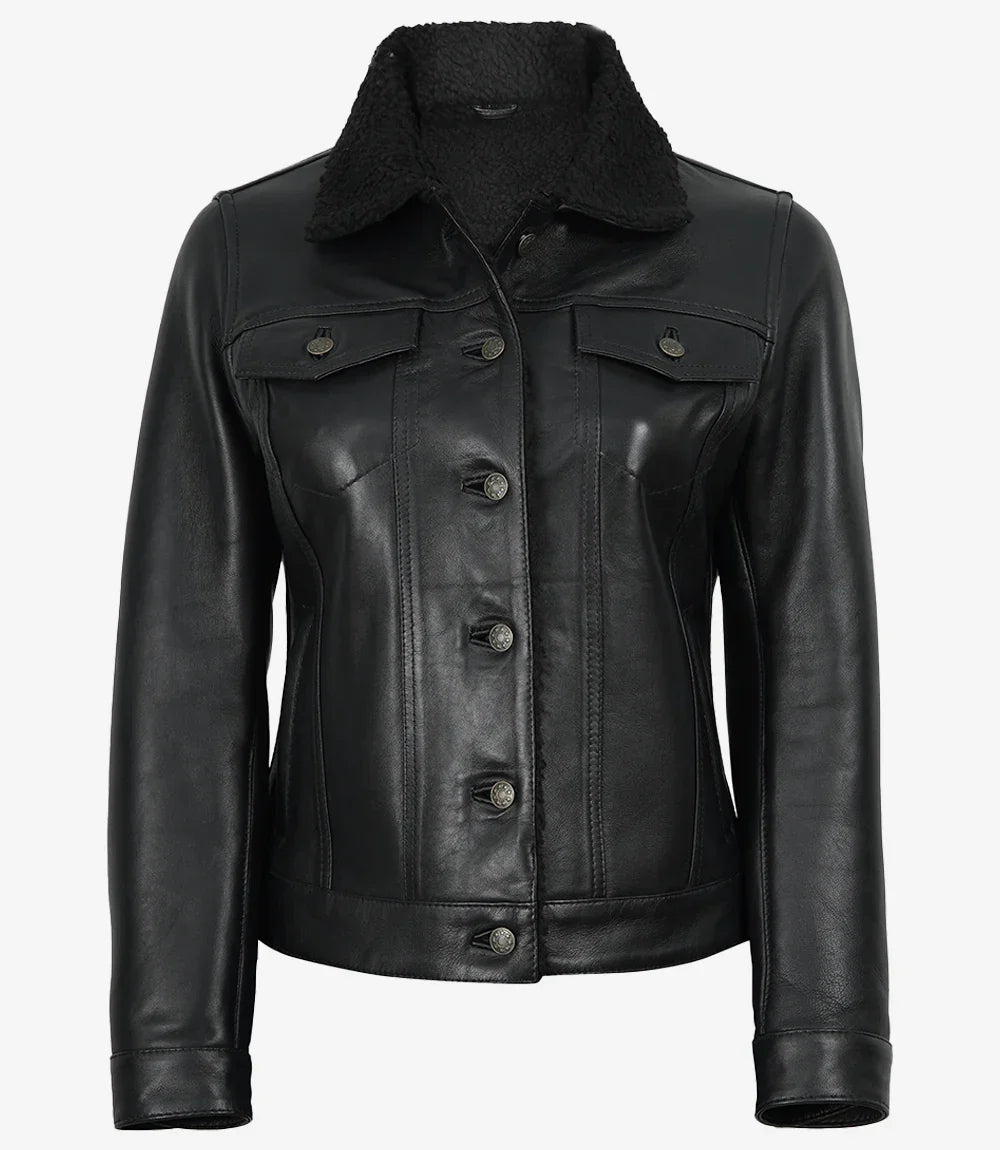 Women's Black Leather Trucker Jacket with Sherpa Lining