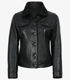 Women's Black Leather Trucker Jacket with Sherpa Lining