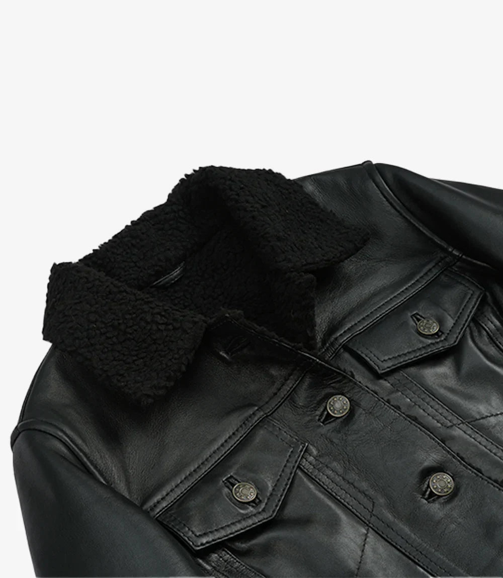 Women's Black Leather Trucker Jacket with Sherpa Lining