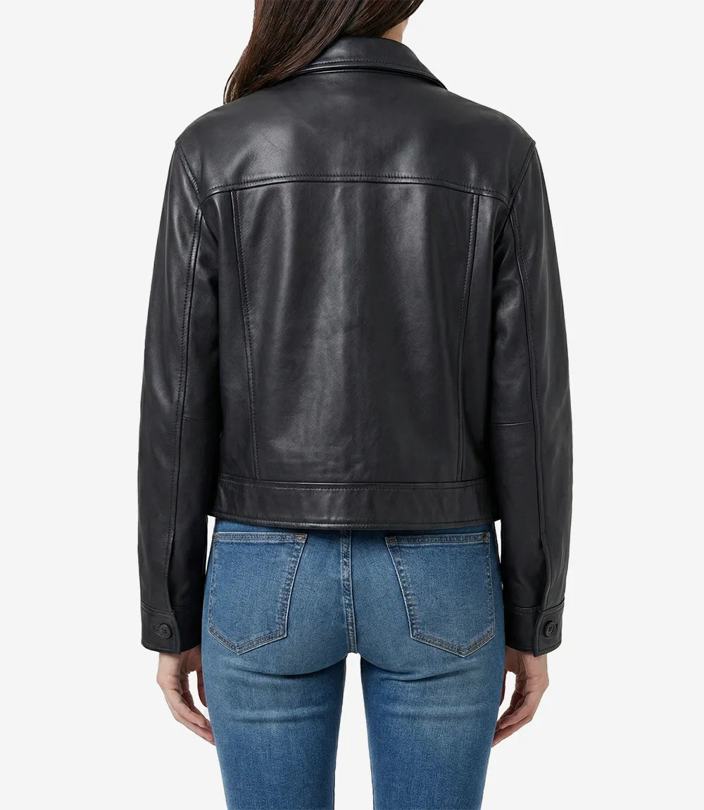 Womens Black Leather Drop Shoulder Trucker Jacket
