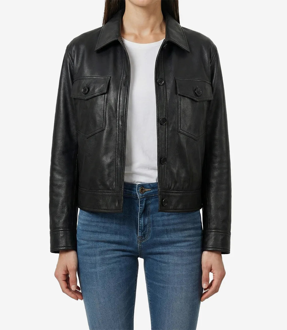 Womens Black Leather Drop Shoulder Trucker Jacket
