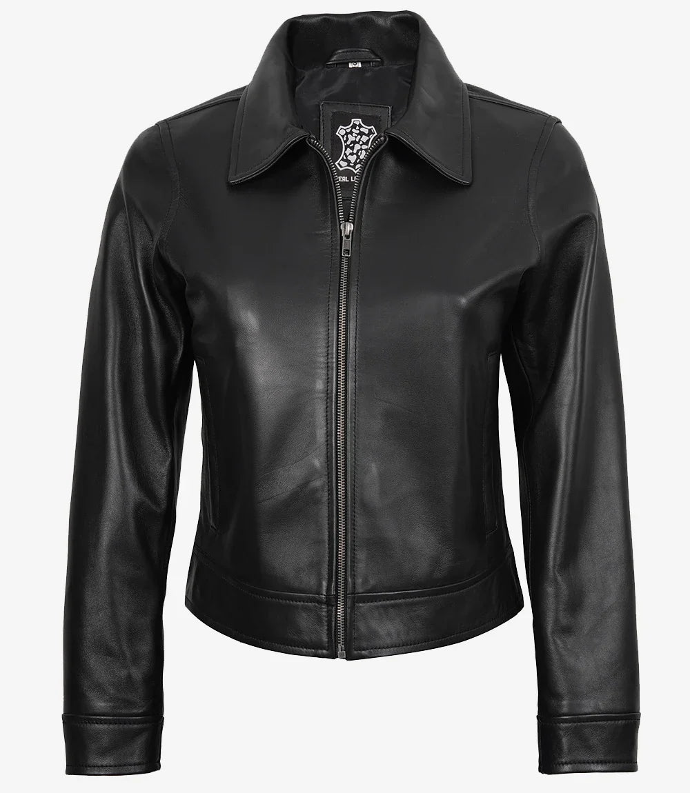 Womens Black Shirt Collar Harrington Leather Jacket
