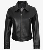 Womens Black Shirt Collar Harrington Leather Jacket