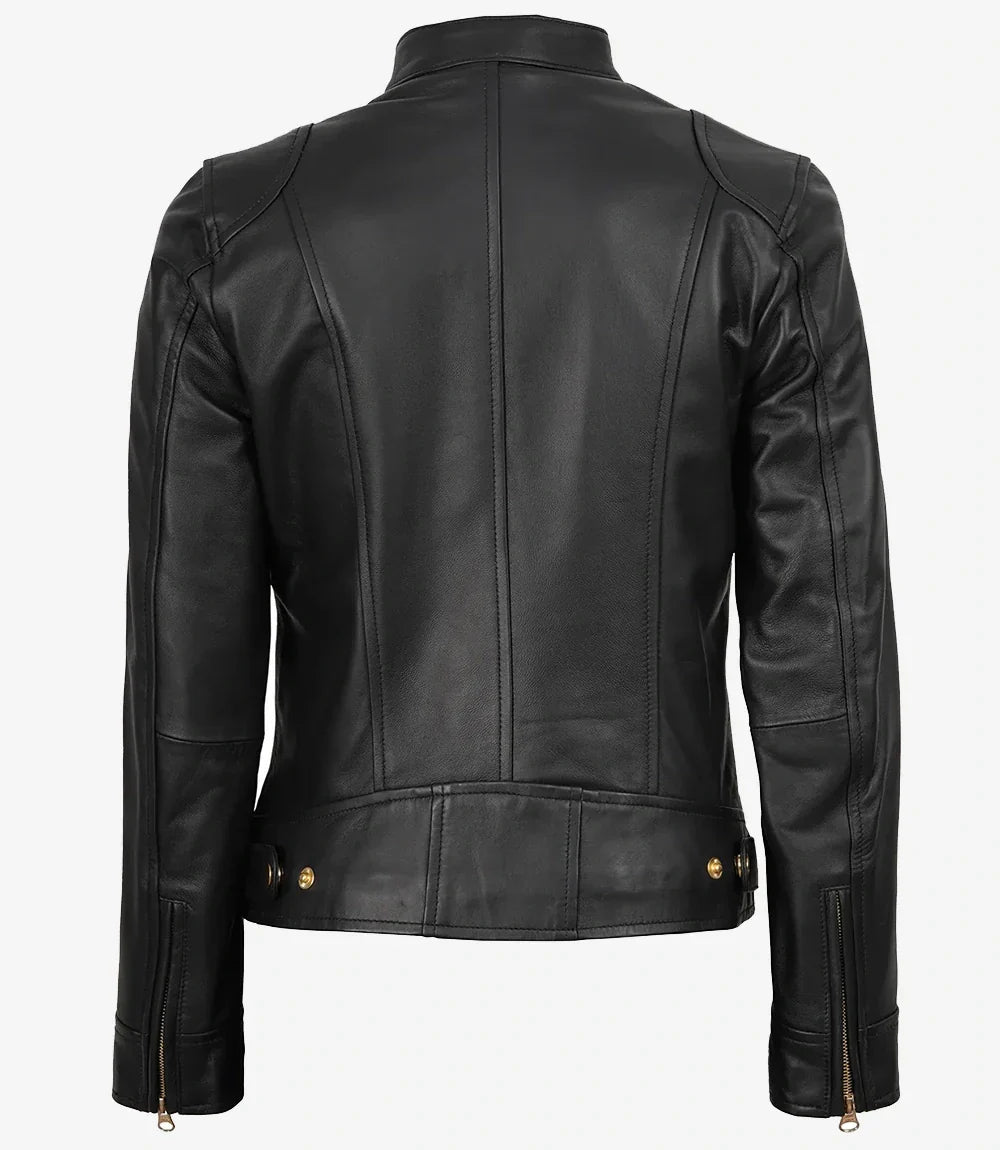 Womens Black Real Leather Biker Style Jacket - Golden Details
