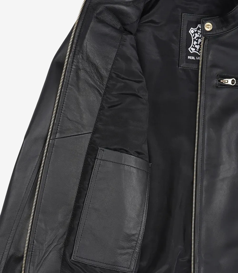 Womens Black Real Leather Biker Style Jacket - Golden Details