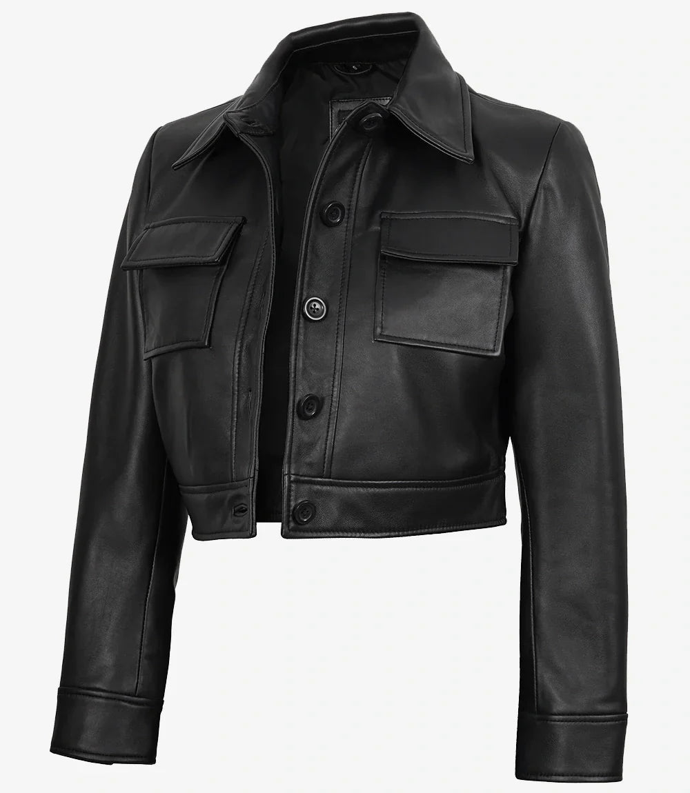 Womens Real Leather Black Cropped Trucker Jacket
