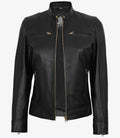 Womens Black Real Leather Biker Style Jacket - Golden Details