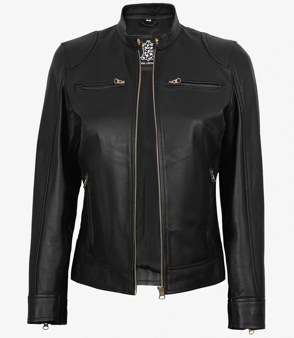 Womens Black Real Leather Biker Style Jacket - Golden Details