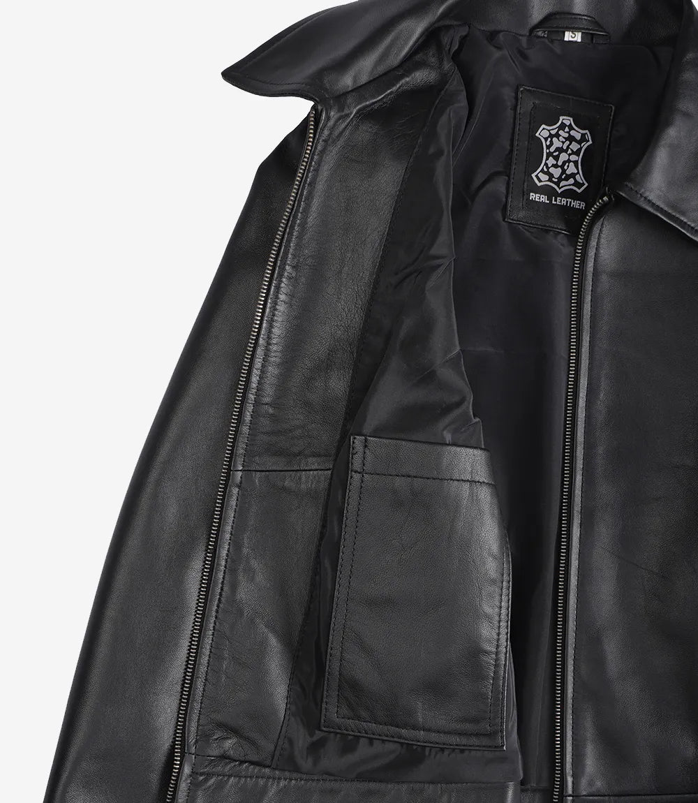 Womens Black Shirt Collar Harrington Leather Jacket