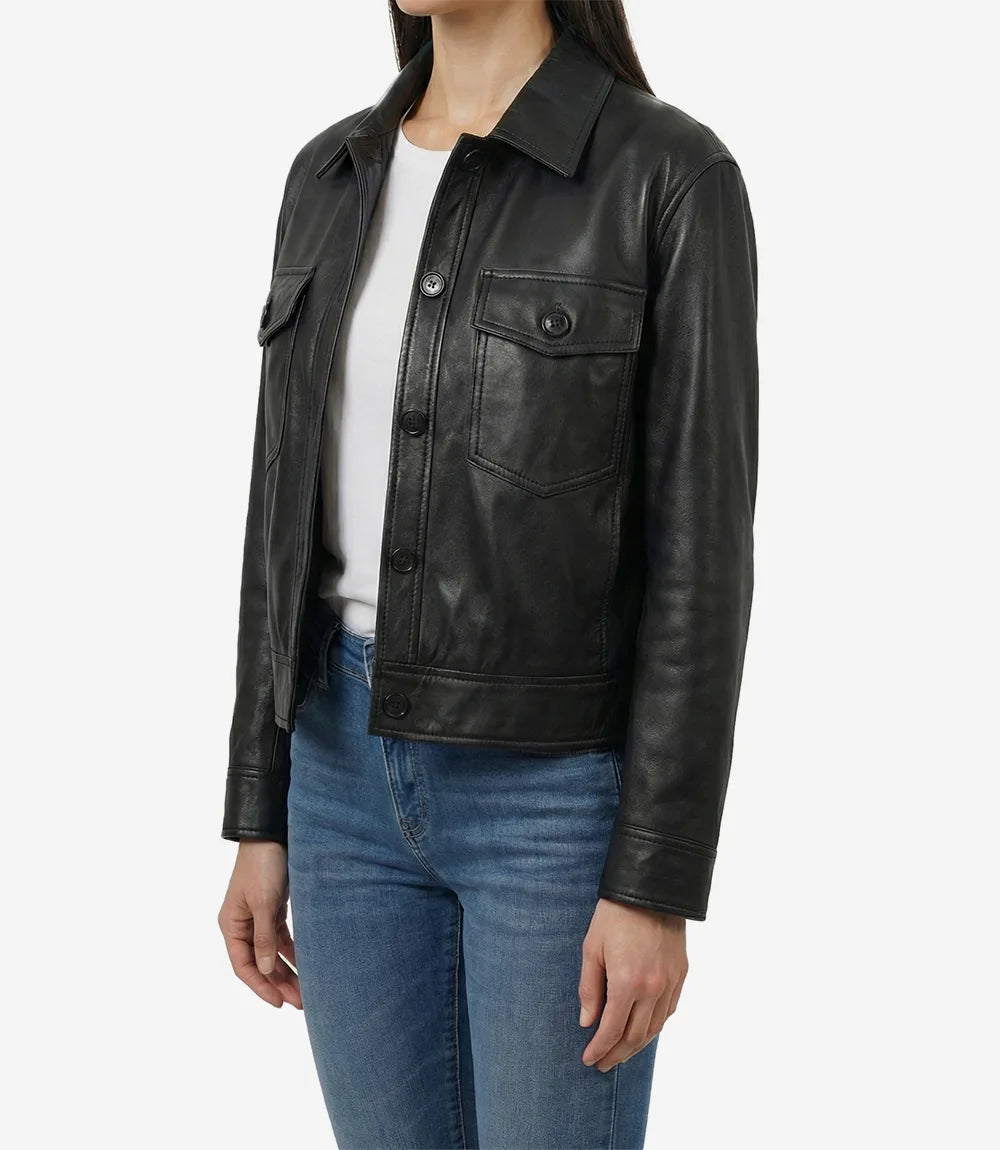 Womens Black Leather Drop Shoulder Trucker Jacket