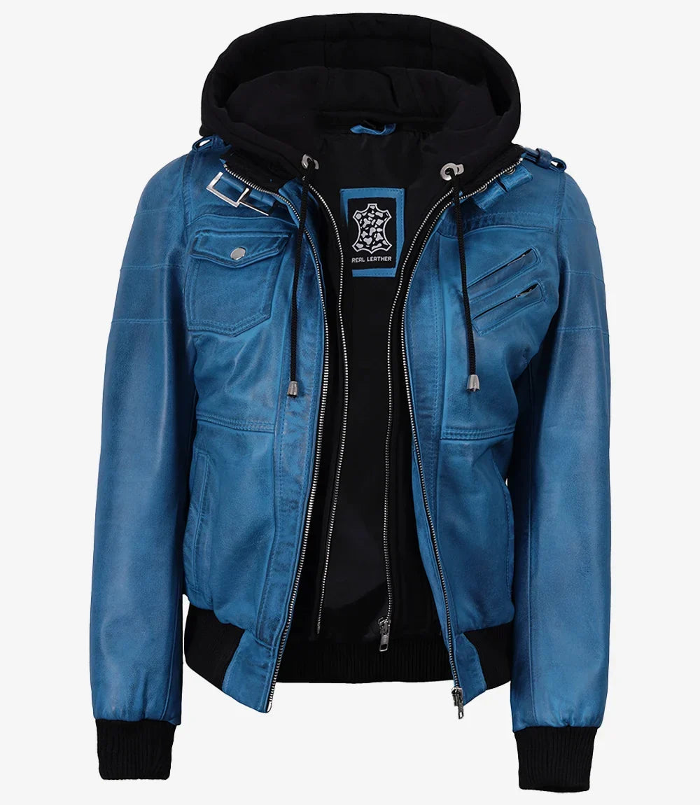 Women's Real Leather Blue Waxed Bomber Jacket with Removable Hood
