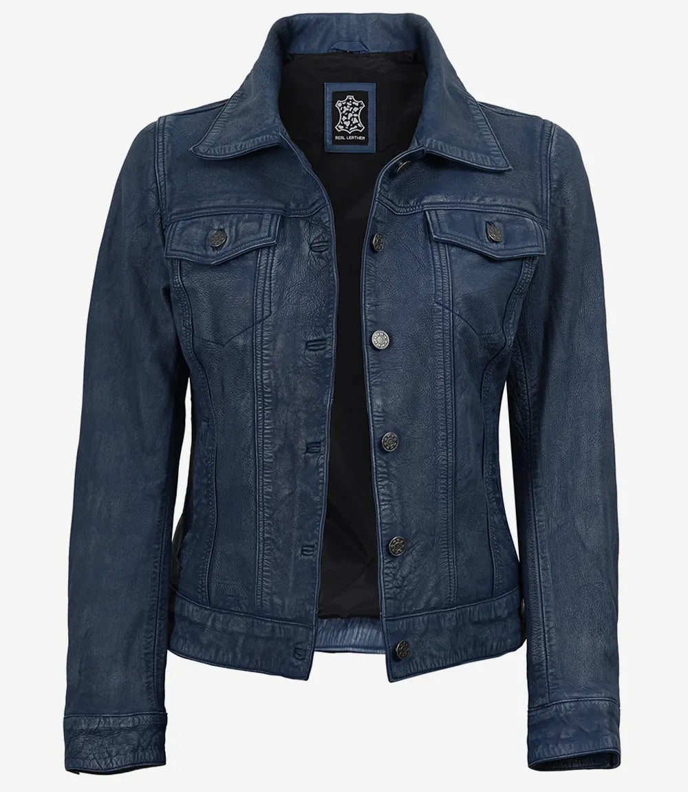 Womens Blue Washed Trucker Leather Jacket