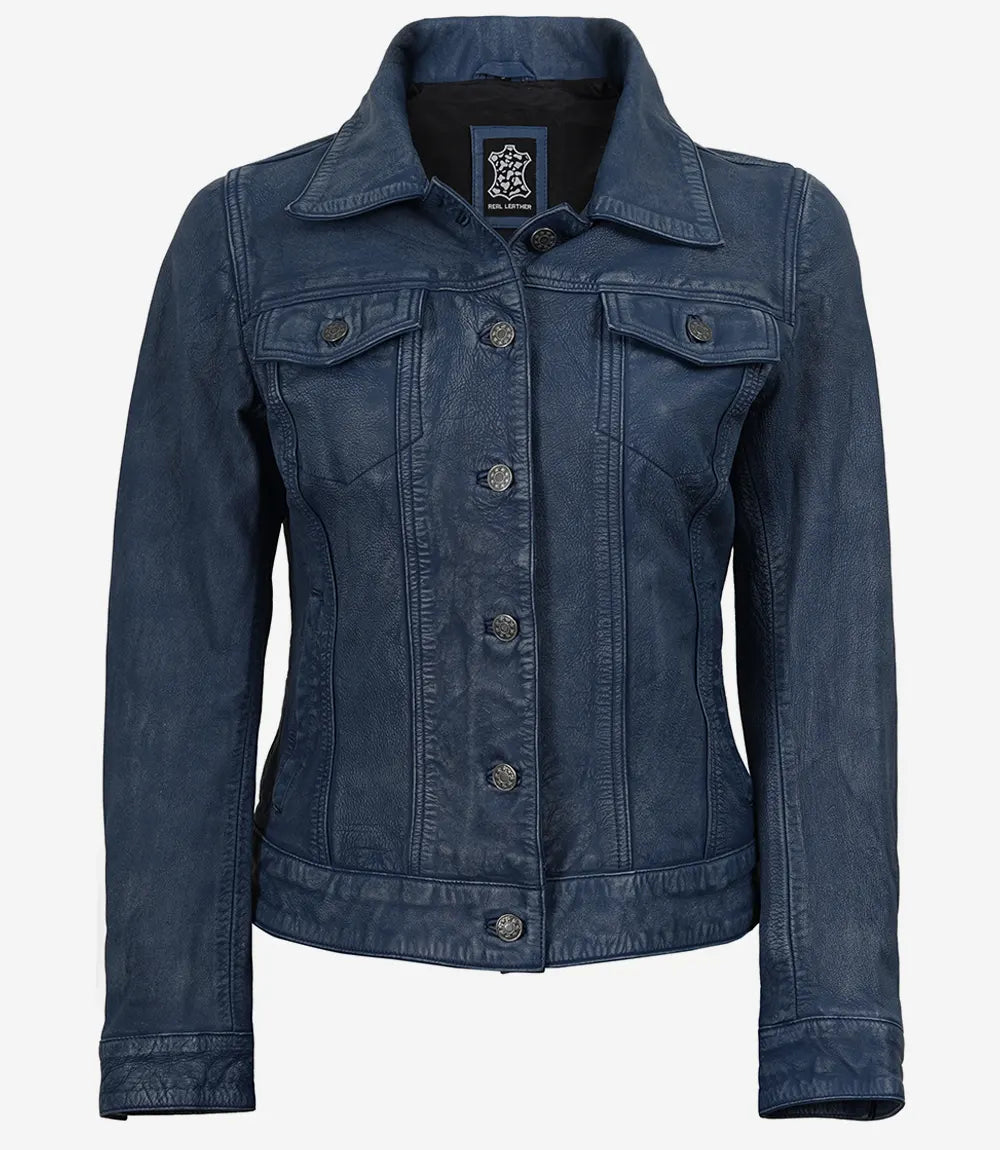Womens Blue Washed Trucker Leather Jacket