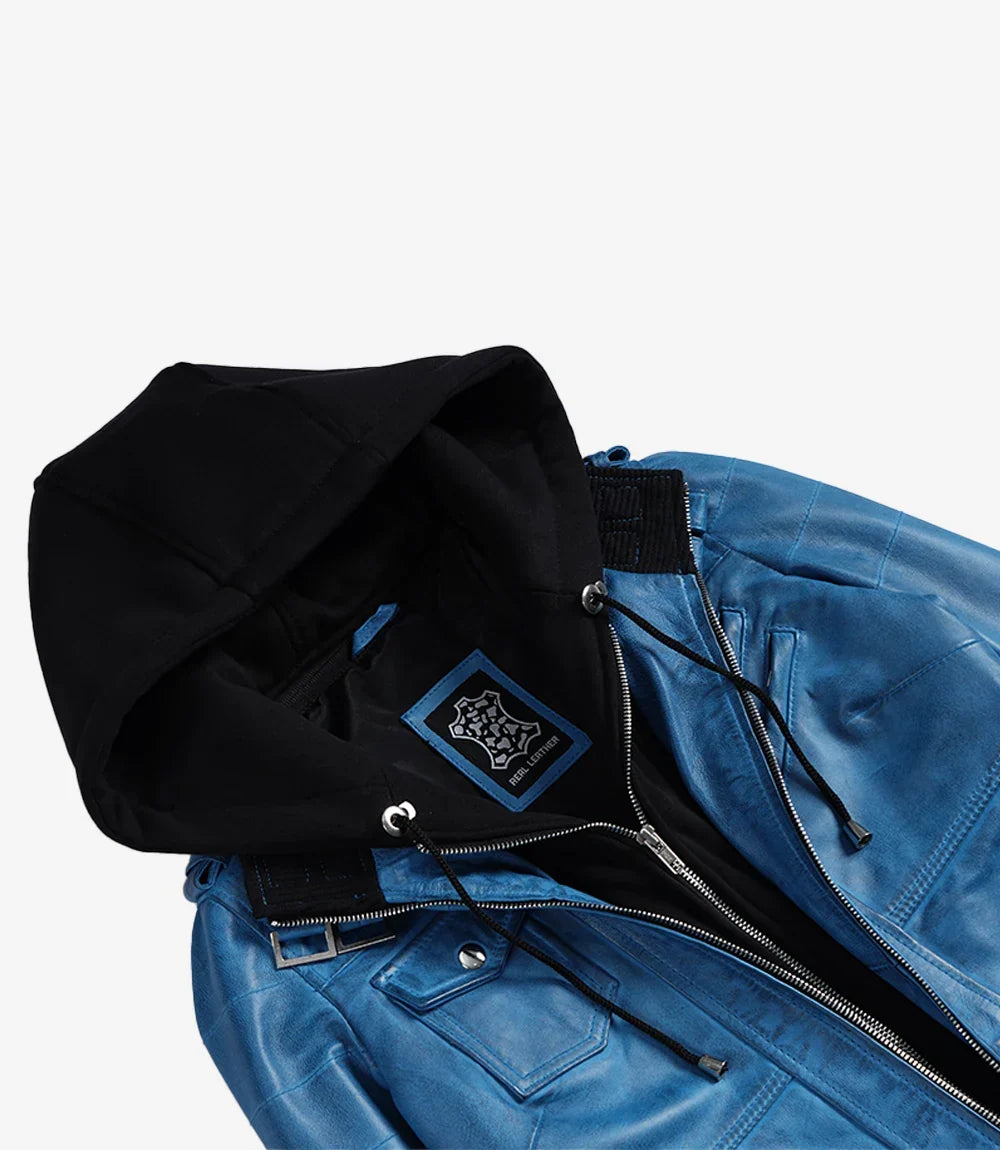 Women's Real Leather Blue Waxed Bomber Jacket with Removable Hood