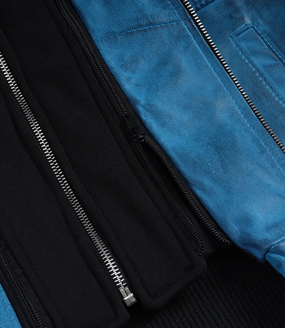 Women's Real Leather Blue Waxed Bomber Jacket with Removable Hood