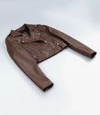 Women Biker Style Cognac Waxed Cropped Leather Jacket