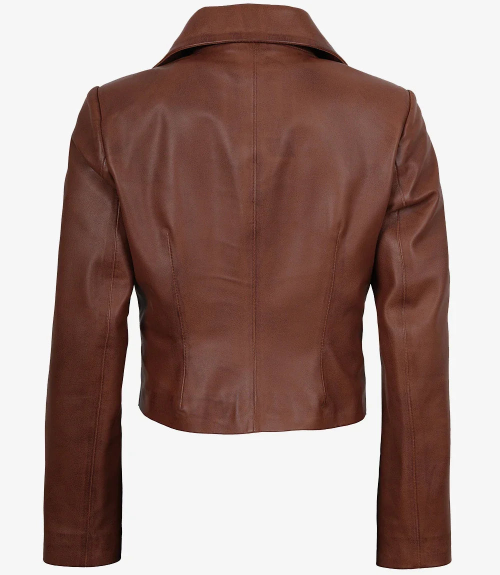 Womens Single Button Cognac Cropped Leather Jacket
