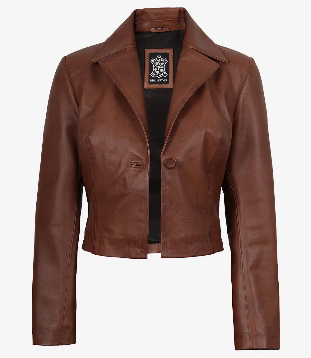 Womens Single Button Cognac Cropped Leather Jacket