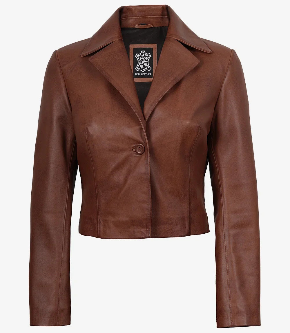 Womens Single Button Cognac Cropped Leather Jacket