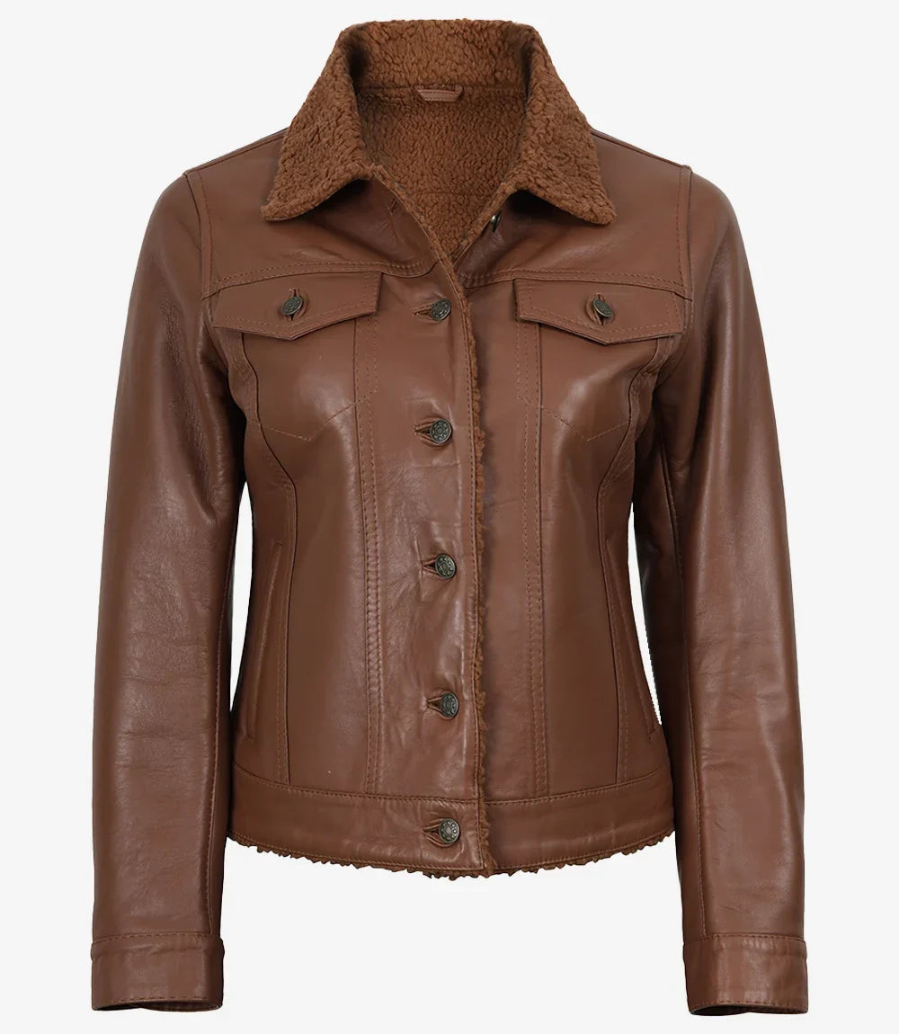 Women's Cognac Leather Trucker Jacket with Sherpa Lining
