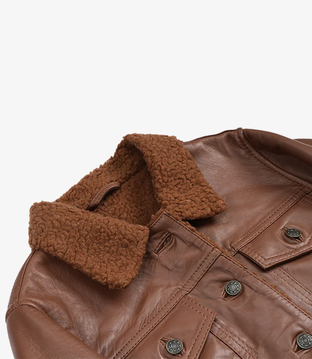 Women's Cognac Leather Trucker Jacket with Sherpa Lining