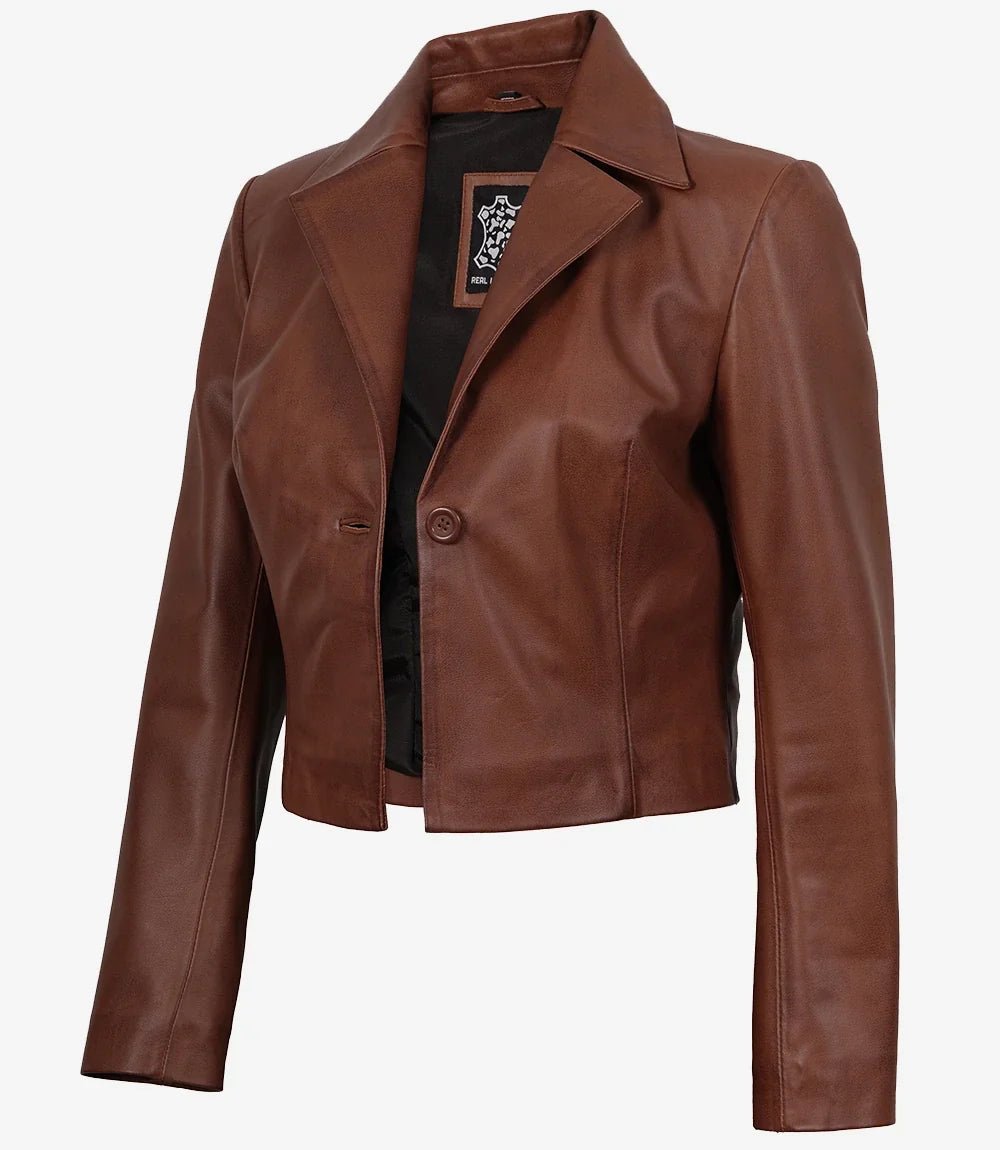 Womens Single Button Cognac Cropped Leather Jacket