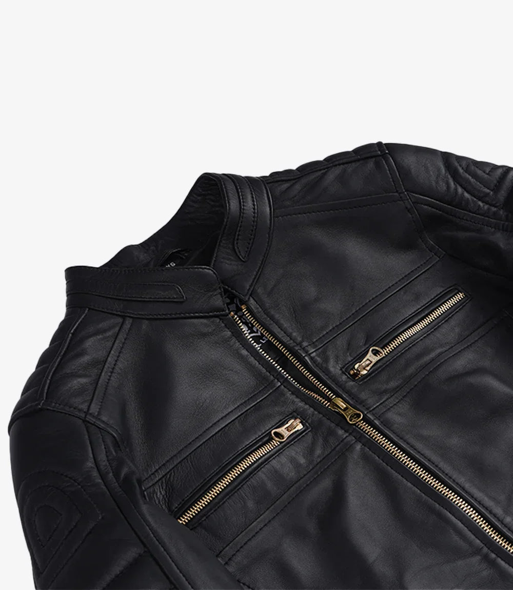 Women's Matte Black Leather Cafe Racer Jacket with Gold Zippers