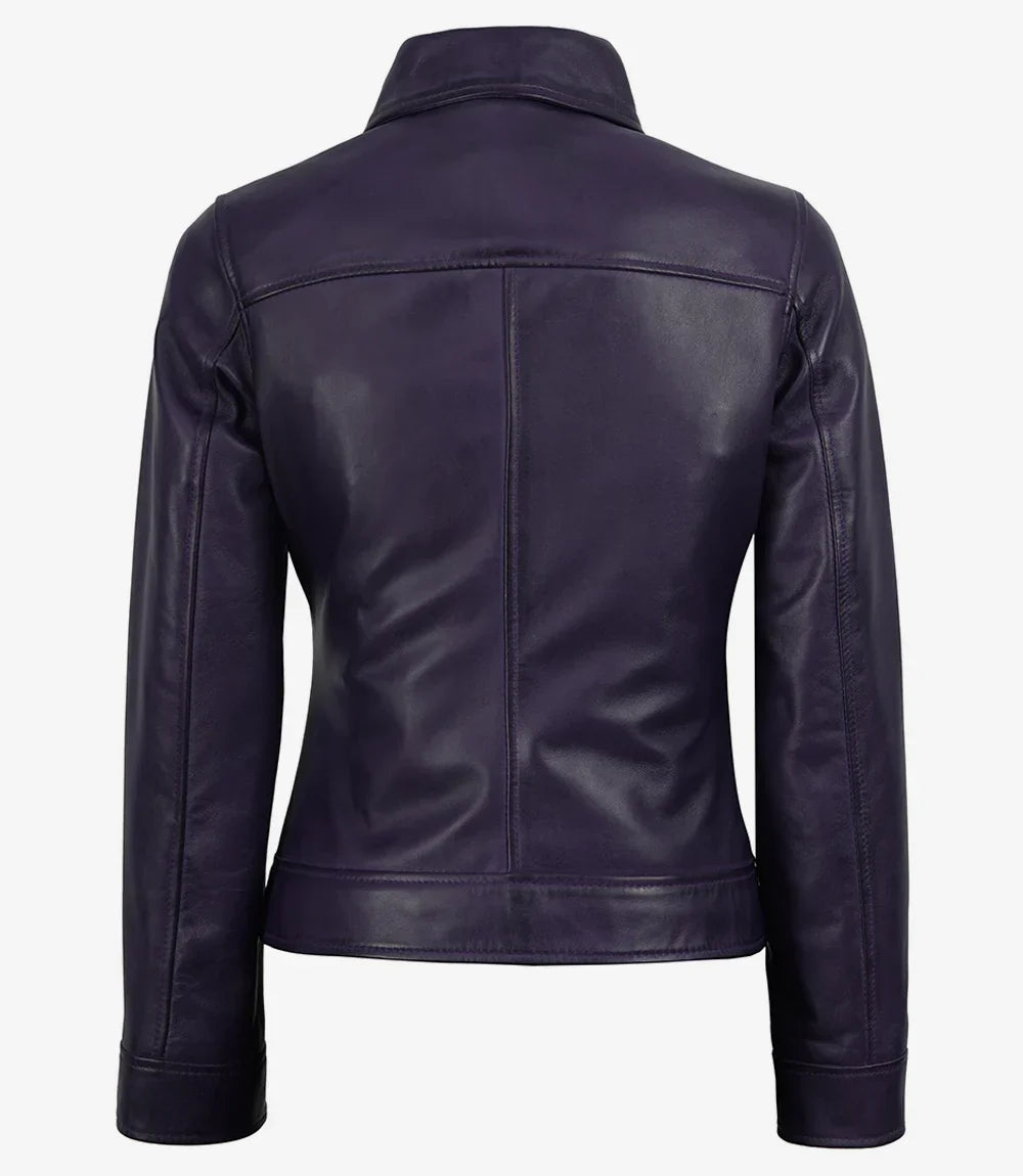 Women's Purple Waxed Shirt Collar Harrington Leather Jacket