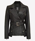 Women's Black Belted Long Biker-Style Leather Jacket