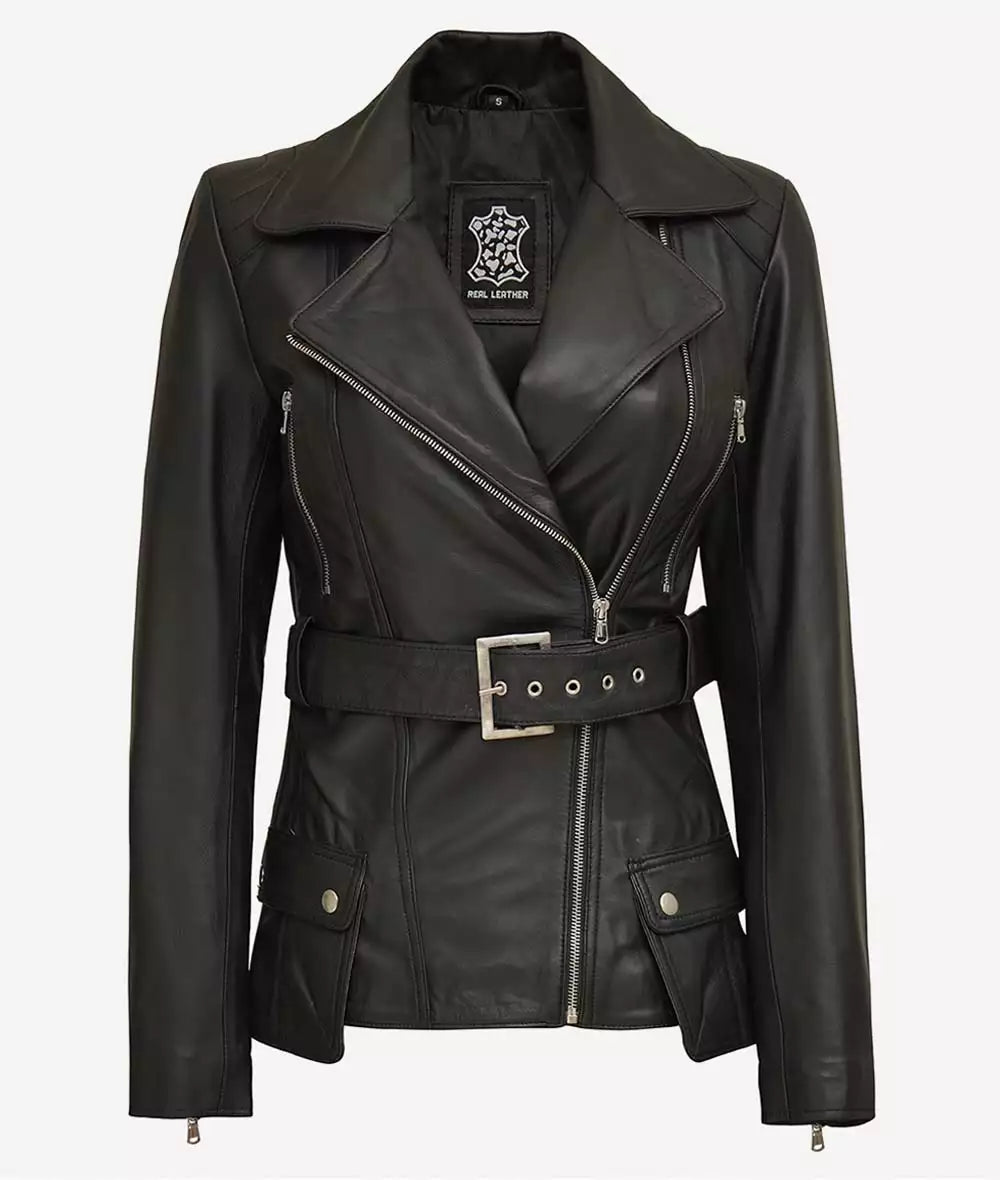 Women's Black Belted Long Biker-Style Leather Jacket
