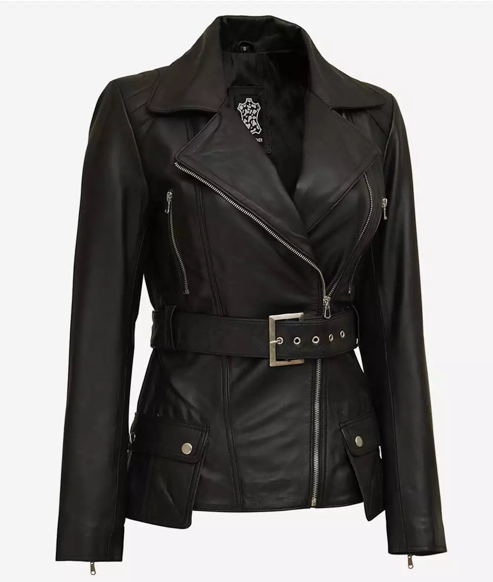 Women's Black Belted Long Biker-Style Leather Jacket