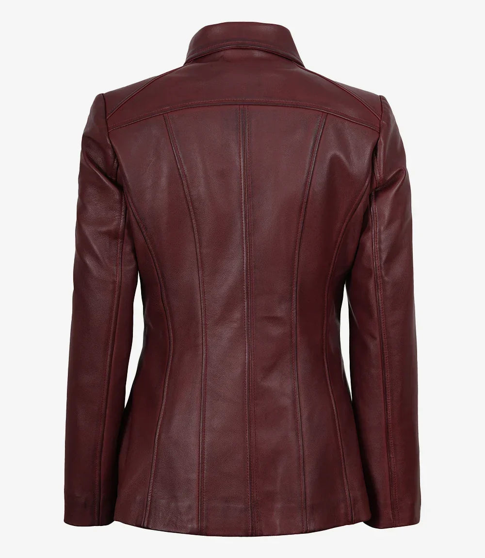 Marsha Womens Maroon Leather Car Coat