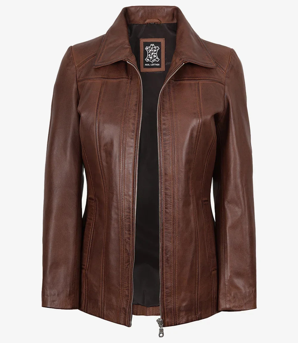Marsha Womens Cognac Leather Car Coat