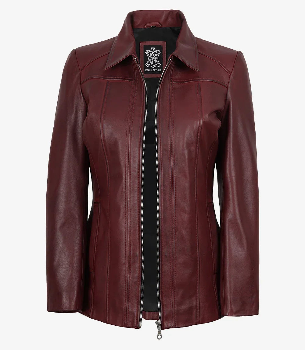 Marsha Womens Maroon Leather Car Coat