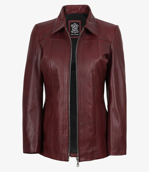Marsha Womens Maroon Leather Car Coat