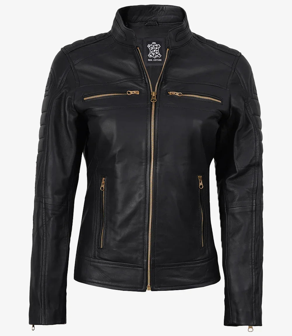 Women's Matte Black Leather Cafe Racer Jacket with Gold Zippers