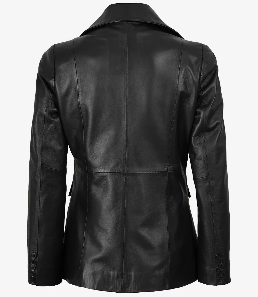 Womens Peak Lapel Black Leather Blazer - Single Button Closure
