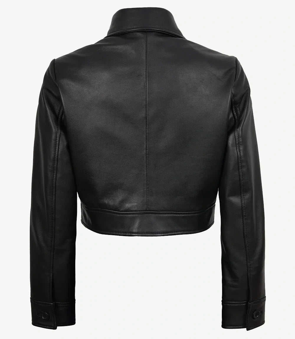 Womens Real Leather Black Cropped Trucker Jacket