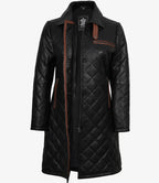 Glen Womens Real Leather Black Quilted Car Coat with Brown Detailing