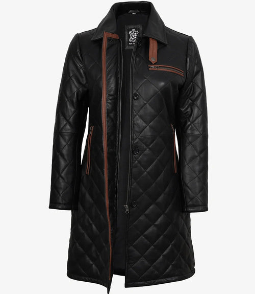 Glen Womens Real Leather Black Quilted Car Coat with Brown Detailing