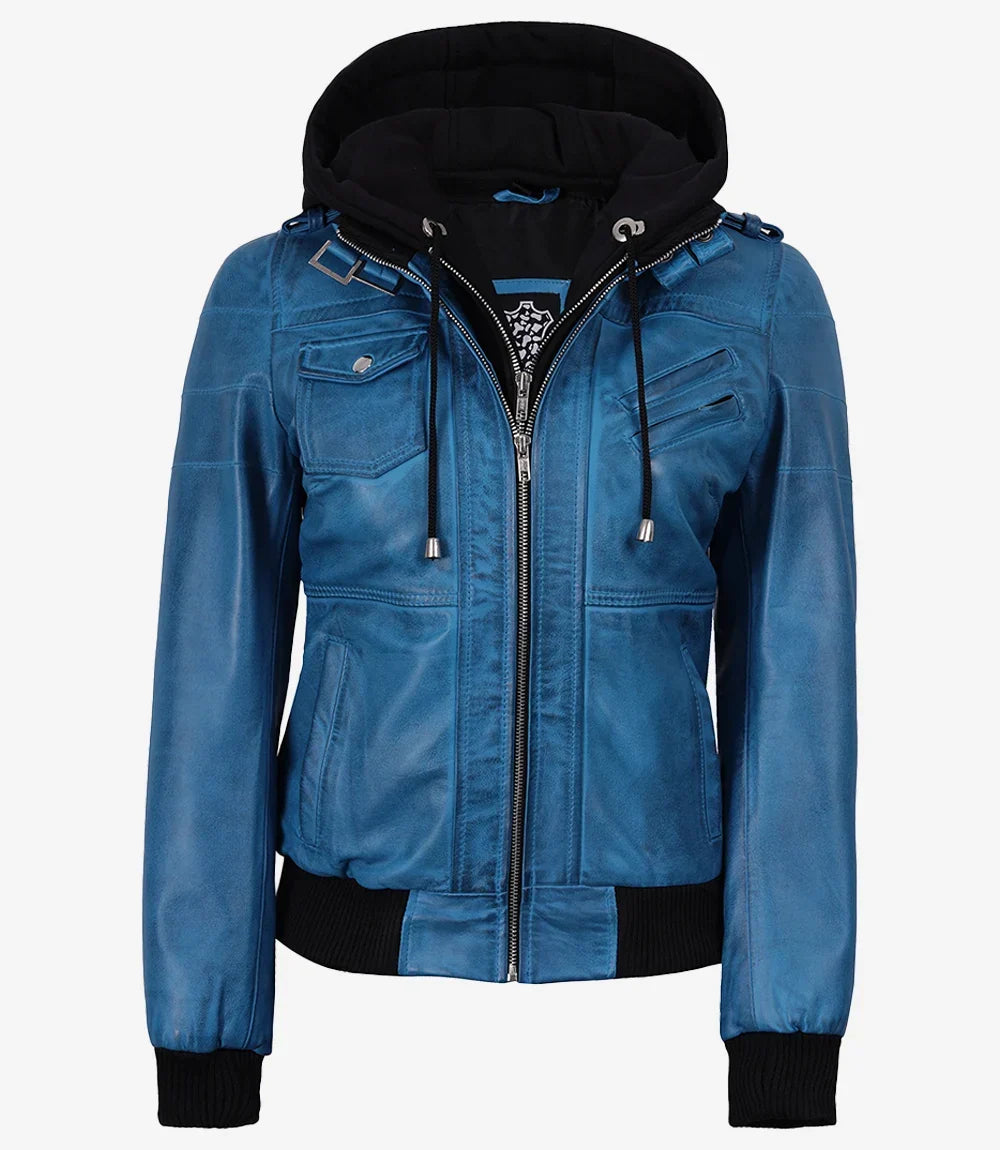 Women's Real Leather Blue Waxed Bomber Jacket with Removable Hood