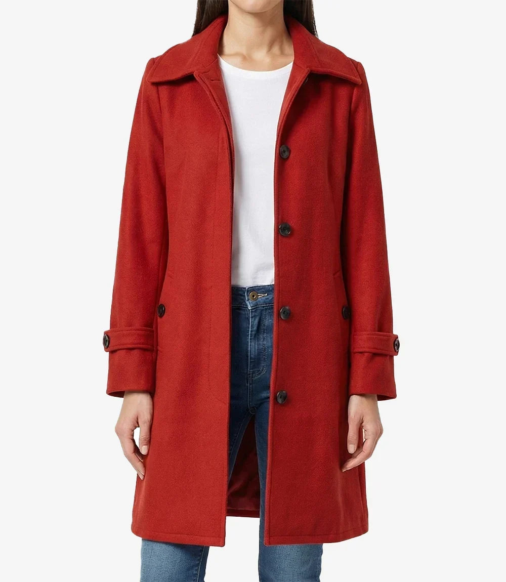Womens Knee Length Red Wool Blend Coat