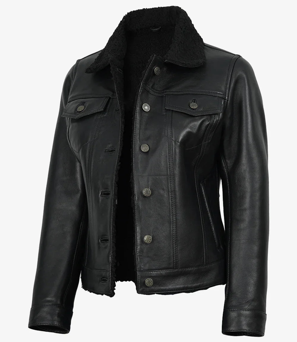 Women's Black Leather Trucker Jacket with Sherpa Lining