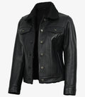 Women's Black Leather Trucker Jacket with Sherpa Lining