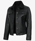 Women's Black Leather Trucker Jacket with Sherpa Lining