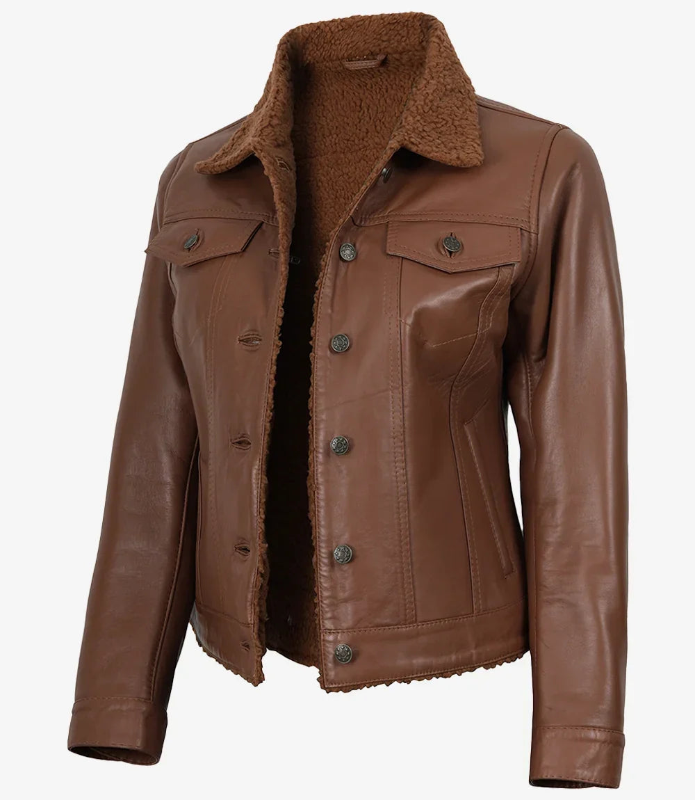 Women's Cognac Leather Trucker Jacket with Sherpa Lining
